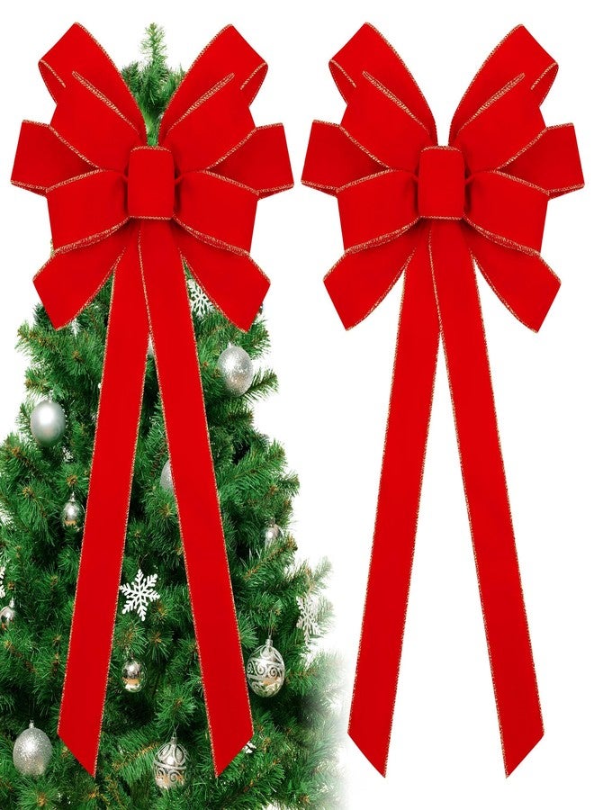 Fovths 2 Pieces Red Christmas Bows 36 x 18 Inches Large Velvet Christmas Wreath Bow with Glitter Gold Edge Christmas Tree Topper Ornament Bow for Christmas Home Indoor Outdoor Door Decor - Image 1